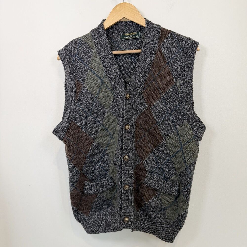 Luciano Barbera Louis Boston Wool Vest Men’s Size 50 Gray Argyle Grandpa Italy